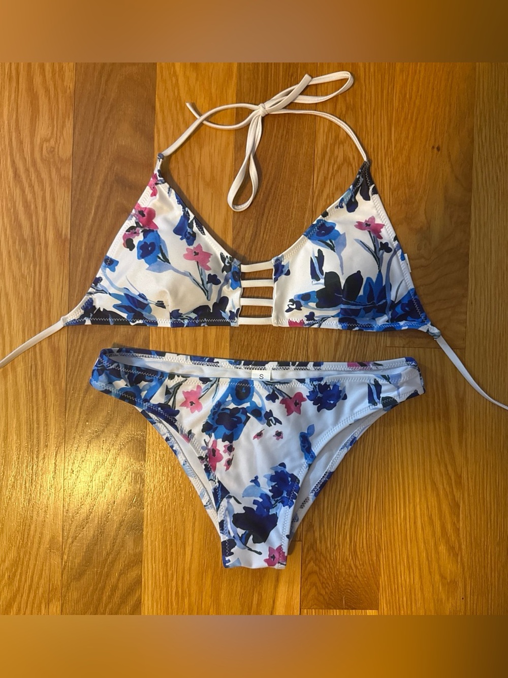 Floral Blue & White Strappy Triangle Bikini - Women Swim